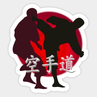 Silhouette of a Karate Fight, Japanese Flag in Background Sticker